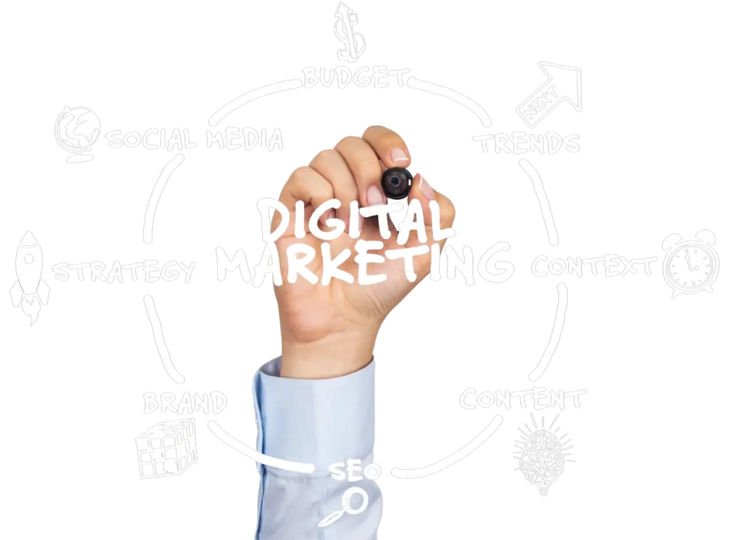 رسم توضيحي ليد تكتب عبارة التسويق الرقمي Digital Marketing مع عناصر تمثل مكونات الحملة التسويقية مثل السوشيال ميديا، SEO، المحتوى، الميزانية، والعلامة التجارية.